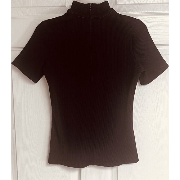60s 70s Shell Master Short Sleeve Mock Neck Ribbed Top Brown Tag 16 Fits M MOD - Picture 1 of 5
